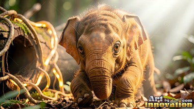 A tiny baby elephant crawls along the sunny dirt ground in the woods