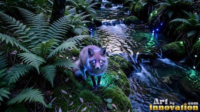 Beside a forest stream with bright blue lights, a fox stands among ferns