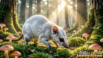 Sniffing the ground, a small white possum walks past mushrooms in sunny woods