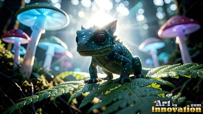 Tiny green reptile on a fern under bright mushrooms in the sun