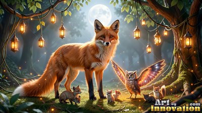 Thick orange fur covers a fox standing by an owl under lanterns hung in the woods at night