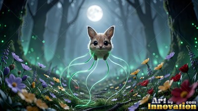 A tiny furry creature floats over wild flowers, trailing bright green ribbons under a full moon