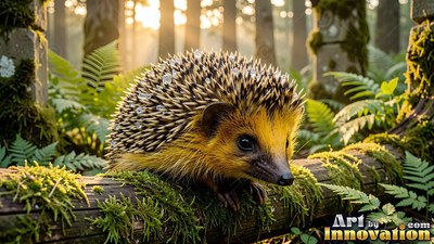 Turned sideways on a mossy log in a bright forest, a spiny hedgehog rests