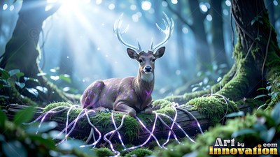 A small deer with white antlers rests on a mossy log in bright woods