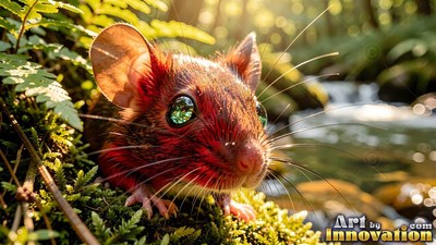 In a sunlit forest, a reddish mouse with green eyes rests on a mossy log