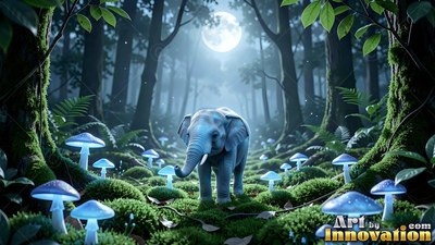 Walking under moonlight, a small blue elephant crosses moss and pale mushrooms