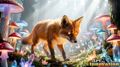 A small red fox walks among mushrooms and crystals in a sunlit forest