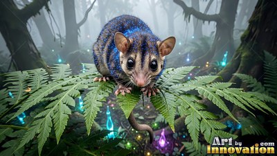 Sparkling blue fur covers a small possum crouching on a green fern in a foggy forest