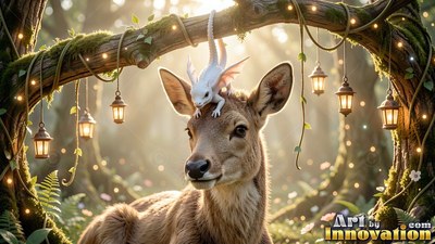 A tiny white dragon rests on a deer's head under hanging lanterns in warm sunlight