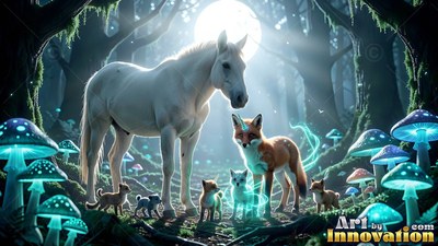 Standing in a dark forest, a white horse watches foxes beside bright mushrooms