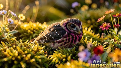 A tiny purple spotted owl sits in warm sunlight on a mossy bed of flowers