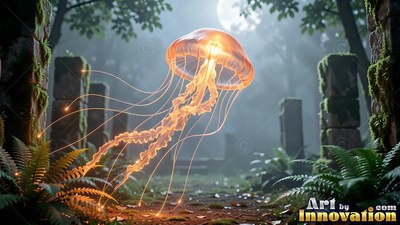 In a misty forest ruin, a bright orange jellyfish floats above the ferns