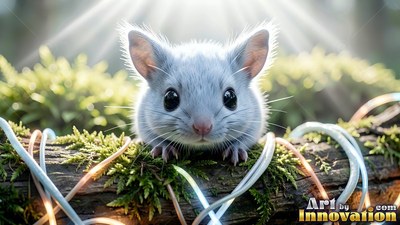 Peeking over a mossy log, a fuzzy gray creature rests under bright beams of sunlight