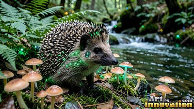 Hedgehog by small mushrooms near a forest stream