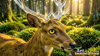 Clear glass antlers rise from a deer resting in a mossy forest under warm sunlight