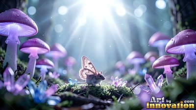 A tiny winged mouse sits on a mossy log beneath bright purple mushrooms