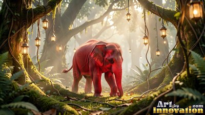 Walking forward, a small red elephant roams a sunny woods hung with lanterns