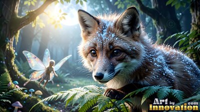 A small fox dusted with snow rests in ferns as a tiny winged fairy flies past