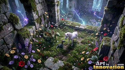 In mossy stone ruins, a tiny unicorn and green dragon stand among wildflowers