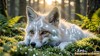 Lying on soft moss, a pale fox with bright markings rests in a sunny forest