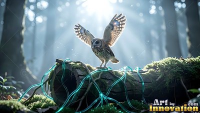 Tiny owl with spread wings landing on a mossy hollow log in sunlight