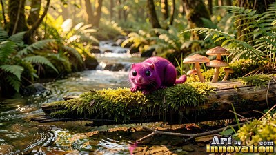 Bright purple fur covers a small critter resting on a mossy log beside a stream