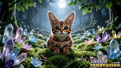 A striped kitten sits on mossy ground by purple crystals under soft moonlight