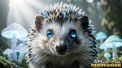 Facing forward, a spiky hedgehog sits by blue mushrooms in the sunlight