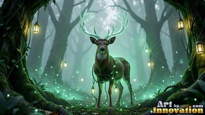 A deer with bright antlers stands wrapped in string lights in a foggy green forest