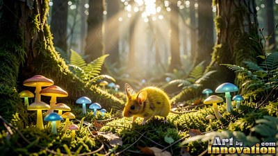In a sunlit forest, a tiny yellow mouse with insect wings walks near mushrooms