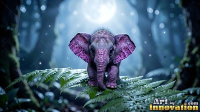 Standing on a green fern, a tiny purple baby elephant looks forward in moonlight