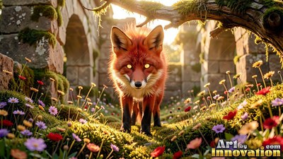 A red fox walks through wildflowers under stone arches in sunlight
