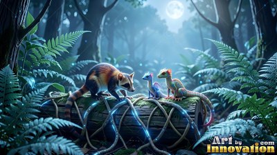 Ringed fur on a small mammal facing two tiny dragons atop a fallen log under the moon