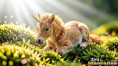 A spotted baby unicorn rests on green moss under bright beams of sunlight