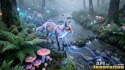 Standing in profile by a misty forest stream, a small fox traced by blue light lines