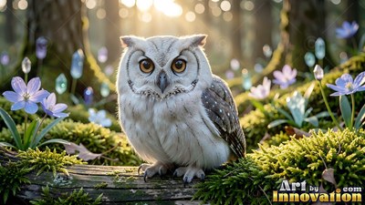 A small owl sits on a mossy log surrounded by purple flowers in the sunlight