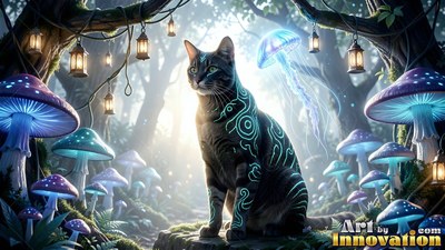 In a misty forest of blue mushrooms, a striped cat sits near a floating jellyfish