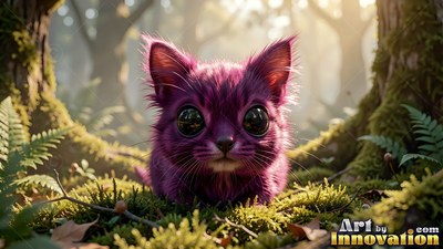 Sitting on green moss, a fluffy purple kitten with huge eyes rests in the sunny woods