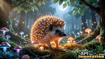 A small hedgehog stands by bright mushrooms in a mossy forest