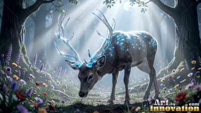 Glass antlers rise from a deer standing in sunlit woods filled with wildflowers