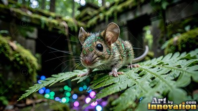 A tiny speckled mouse crouches on a fern leaf over soft blue and purple lights