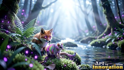Sitting by a bright forest creek, a red fox crouches next to a striped small animal