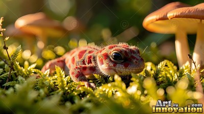 A tiny red spotted lizard rests on green moss under mushrooms in sunlight