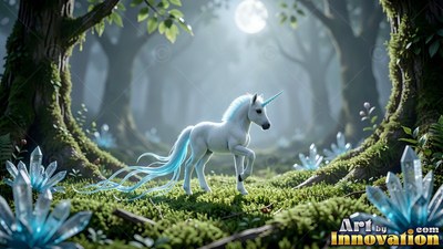 In a sunlit mossy forest, a small white unicorn walks near blue crystals