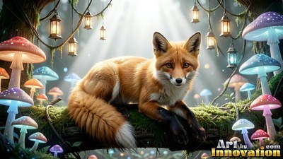 Lying on a mossy log, a small red fox rests among colorful mushrooms under lanterns