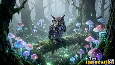 Owl perched on a mossy branch surrounded by purple mushrooms
