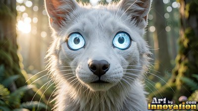 Round bright blue eyes open wide on a fuzzy white creature sitting in a sunny green forest