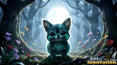A tiny furry creature sits in a patch of wild flowers under bright pale moonlight