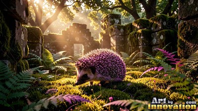 Walking forward through mossy stone ruins, a purple hedgehog pauses in sunlight