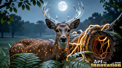 A deer with glass antlers stands behind green ferns under a full moon